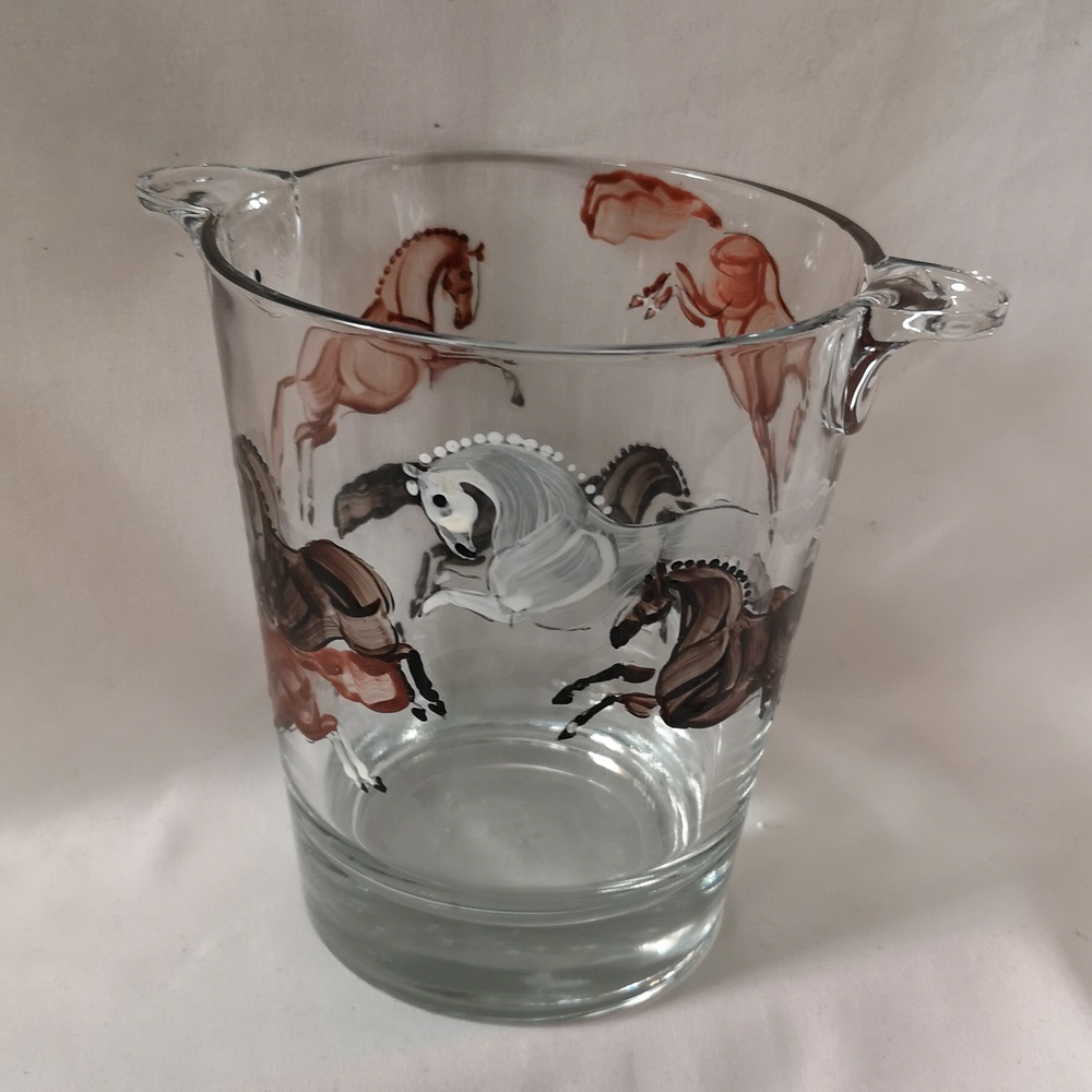 Unique & Quality Hand Painted Ice Bucket or Vase with Horse Design Brown & White